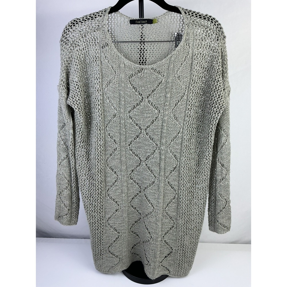 Final Touch Women's Sweater Small Metallic Open Knit Tunic Top Silver Gray